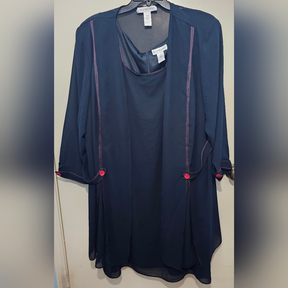 Anna Maxwell - Tank Suit Dress Midi Zip Up - Navy w/ Red Stitching - 28W